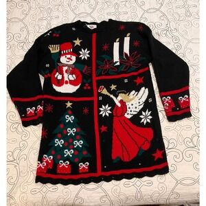 Vintage NutCracker Christmas Sweater Tunic Black Red Snowman Angel Scalloped 90s
